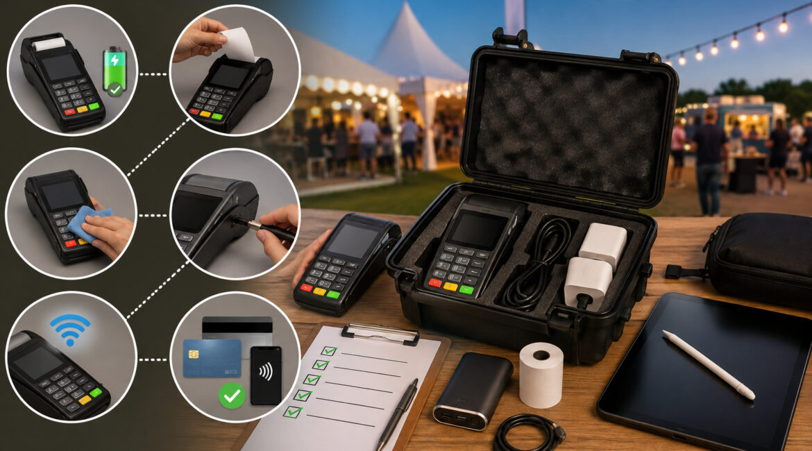 Backup payment terminal staged with charger, accessories, and testing checklist