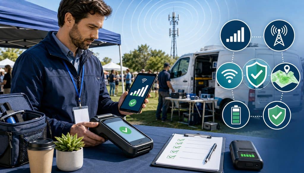 Field technician checking cellular signal and carrier connectivity before payment terminal deployment
